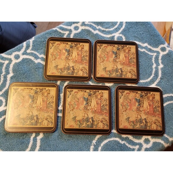 Vintage Pimpernel Cork Wood Coasters 4" Medieval motif set of 5 - Picture 1 of 10
